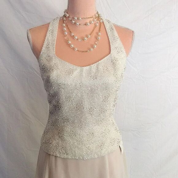 Fleur de lis VTG Ivory Beaded 2 Piece Halter Wedding Dress NWT *Fits Like Med - Picture 4 of 17